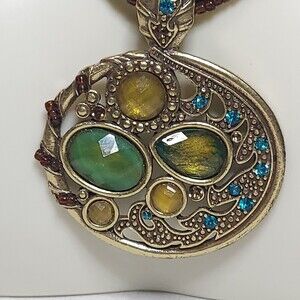 Necklace Pendant Olive Green Amber Rhinestones Pendant 2" 16"